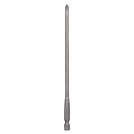 A long, silver-colored DEWALT screwdriver bit with a hexagonal shank and a Philips head, shown on a white background.
