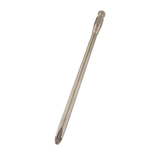 A long, metallic Phillips screwdriver bit with a hex shank, isolated on a white background.