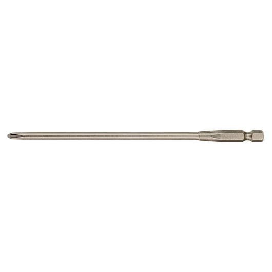 A long, metallic Phillips screwdriver bit with a hexagonal base, designed for use with power tools.