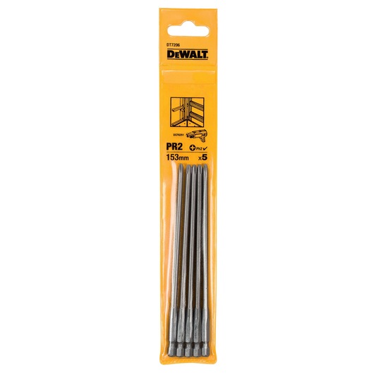 Package of DEWALT DT7206 PR2 screwdriver bits, 153mm long, containing five pieces. The packaging is yellow with black text and illustrations showing usage instructions.
