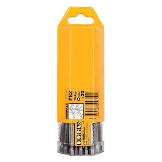DEWALT DT7207 pack of 20 screwdriver bits, 153mm length, yellow plastic container.