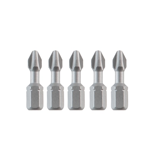 A row of five identical Phillips screwdriver bits with hex bases, aligned vertically on a white background.