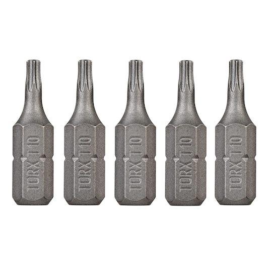 A set of five DEWALT Torx T10 screwdriver bits with a hex base, aligned vertically on a white background.