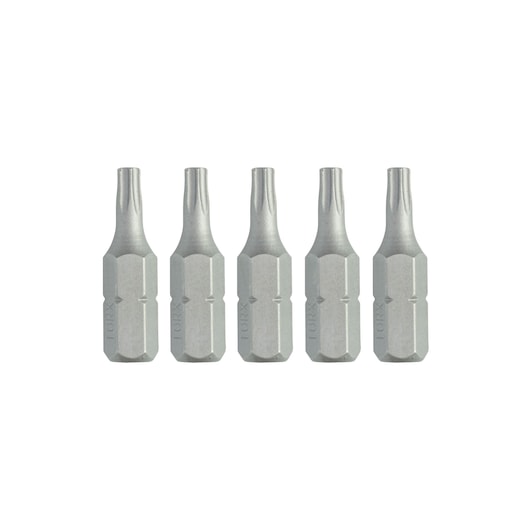 Five DEWALT screwdriver bits arranged in a row on a white background.