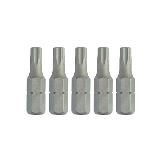 Set of five DEWALT screwdriver bits with a star-shaped (Torx) tip, arranged in a row on a white background.