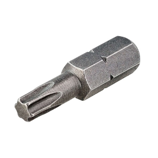 Close-up of a DEWALT steel screwdriver bit with a torx head and hexagonal shank, used as a power tool accessory.