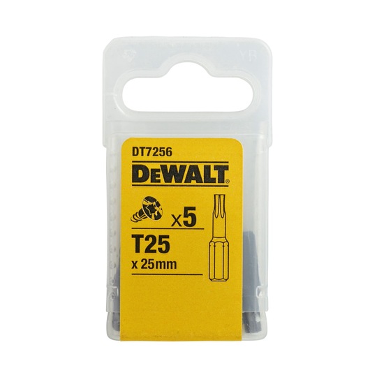 A clear plastic pack of DEWALT T25 x 25mm screwdriver bits, model DT7256, containing 5 pieces. The packaging is yellow with black text and graphics.