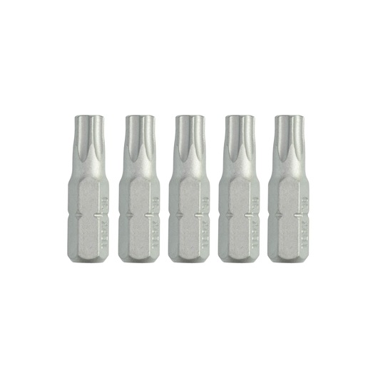 Five silver DEWALT screwdriver bits are arranged side by side on a white background.