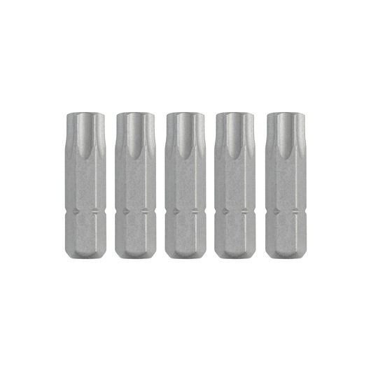 Five identical metallic screwdriver bits arranged in a row on a white background.