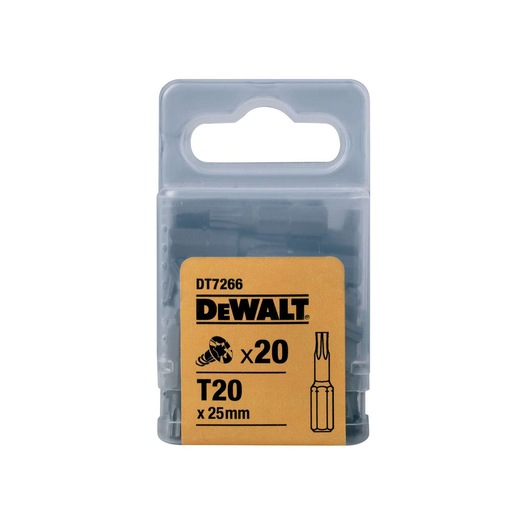A clear plastic box containing 20 DEWALT T20 x 25mm screwdriver bits, with the label showing model DT7266.