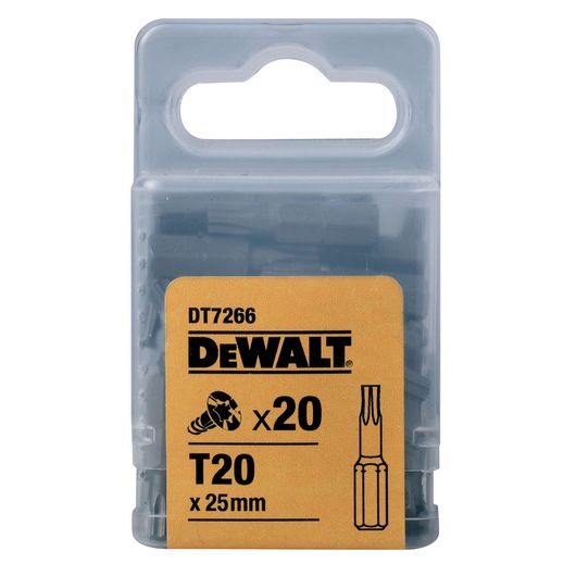 A clear plastic box containing 20 DEWALT T20 x 25mm screwdriver bits, SKU DT7266, with a yellow label displaying the product details.