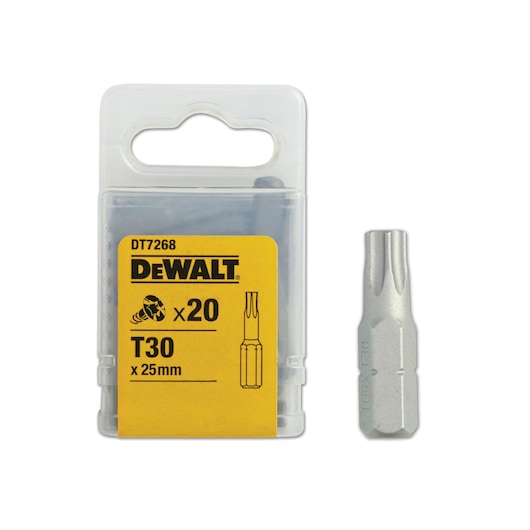 A DEWALT DT7268 pack containing twenty Torx T30 x 25mm screwdriver bits, with a single bit shown next to the transparent yellow-labeled packaging.