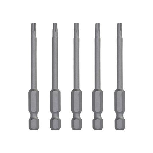 Five long, gray DEWALT screwdriver bits with hex shanks arranged vertically in a row on a white background.