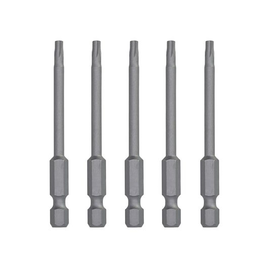 A set of five identical DEWALT long hex screwdriver bits standing vertically in a line on a white background.