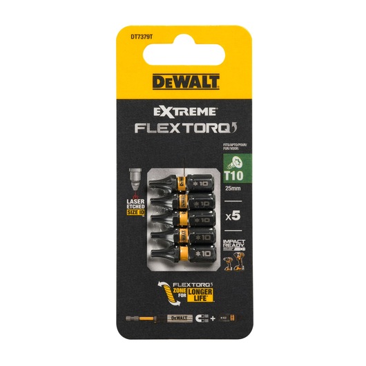 DEWALT DT7379T set of 5 FlexTorq T10 25mm impact screwdriver bits in retail packaging.