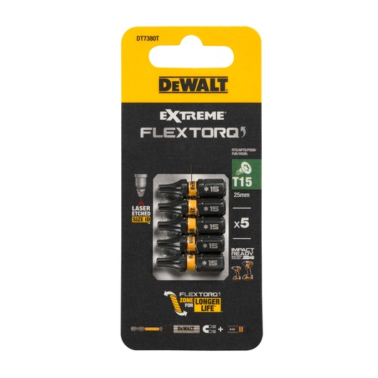 DEWALT DT7380T Extreme FlexTorq T15 25mm screwdriver bits, pack of 5, for impact drivers.