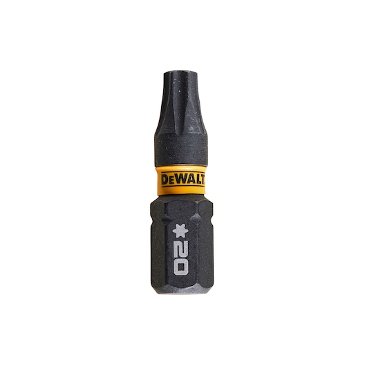 A DEWALT branded Torx screwdriver bit, size T20, with a black finish and yellow band, displayed on a white background.