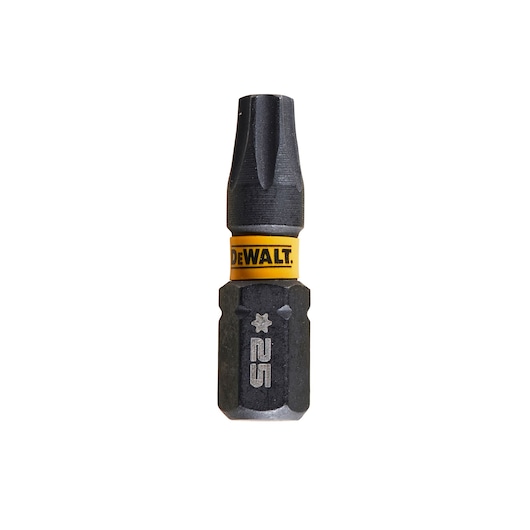A close-up of a single DEWALT branded screwdriver bit, Torx T25, featuring a black and yellow color scheme.