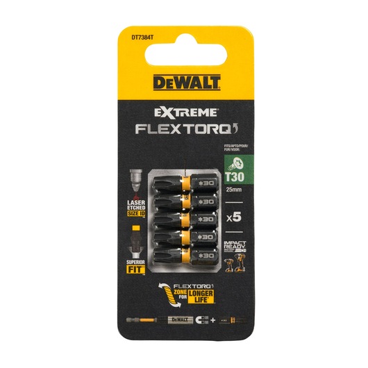 DEWALT DT7384T Extreme FlexTorq T30 screwdriver bits, set of 5, 25mm, impact-ready, shown in retail pack.
