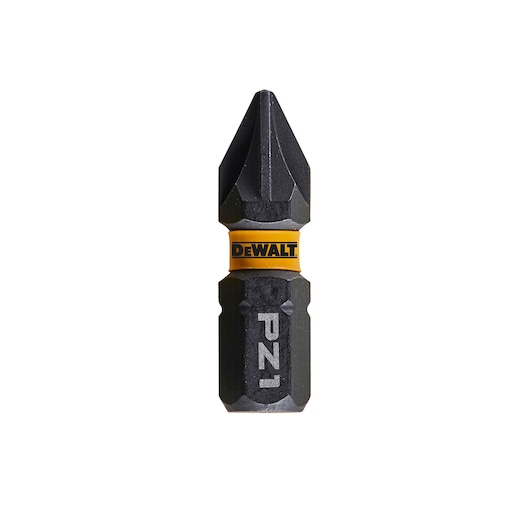 A close-up of a single DEWALT PZ1 screwdriver bit, featuring a black finish with a yellow band displaying the DEWALT logo.