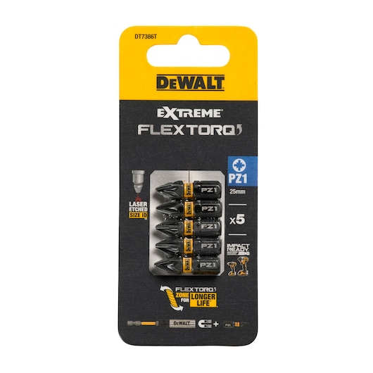 Pack of DEWALT Extreme FlexTorq PZ1 25mm screwdriver bits, containing five impact-ready bits. The packaging is primarily yellow and black, with product information such as 'Laser Etched Size ID', 'Zone for Longer Life', and SKU DT7386T.