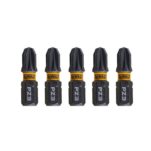 Five DEWALT PZ3 screwdriver bits are shown standing vertically in a row. Each bit is labeled with 'DEWALT' and 'PZ3', featuring a black and yellow design.