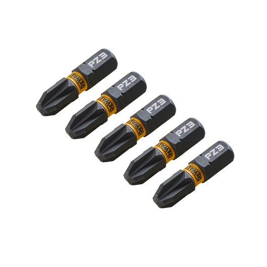 Five DEWALT PZ3 screwdriver bits arranged in a row, each with a black and yellow design and labeled with 'PZ3' and the DEWALT logo.