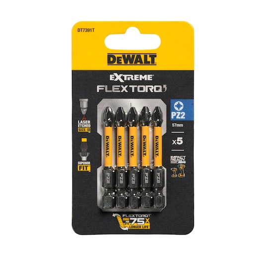 DEWALT EXTREME FLEXTORQ PZ2 57mm screwdriver bits, pack of 5, impact ready, suitable for power tools.