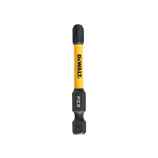 A DEWALT branded screwdriver bit with a yellow body and black tips, marked with PZ3.