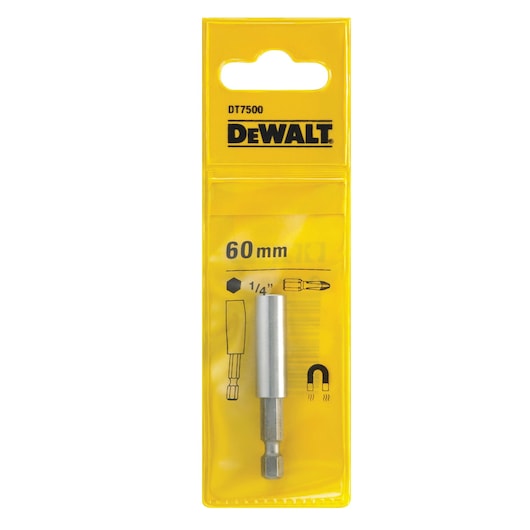 DEWALT DT7500 60mm bit holder for 1/4 inch screwdriver bits, packaged in a yellow blister pack.