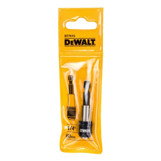 A DEWALT DT7515 tool accessory in yellow packaging, containing a 1/4 inch magnetic bit holder, 60mm long, visible through clear plastic.