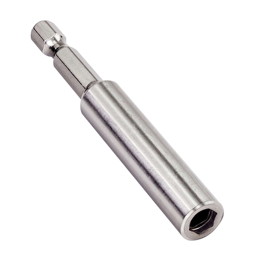 A close-up image of a metallic hexagonal drill bit holder with a smooth cylindrical body and a hex socket end.