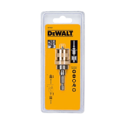 DEWALT DT7521 tool accessory in yellow blister packaging, suitable for various screw types and drill bit holders.