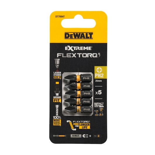 DEWALT DT7994T Extreme FlexTorq PH2 screwdriver bits, pack of 5, 25mm, in retail packaging.