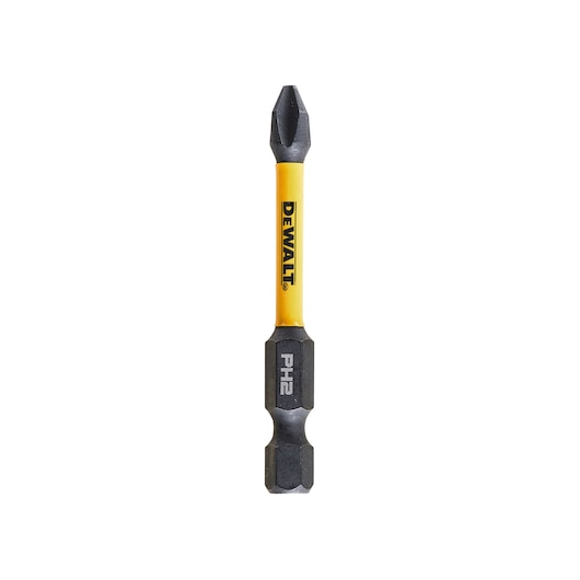 A DEWALT PH2 screwdriver bit with a yellow shaft and black tips, shown vertically on a white background.