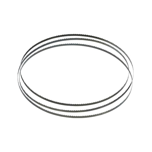 Three DEWALT metal bandsaw blades with fine teeth shown in a looped arrangement on a white background.