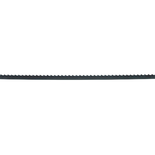 A single black band saw blade with evenly spaced sharp teeth, displayed on a white background.