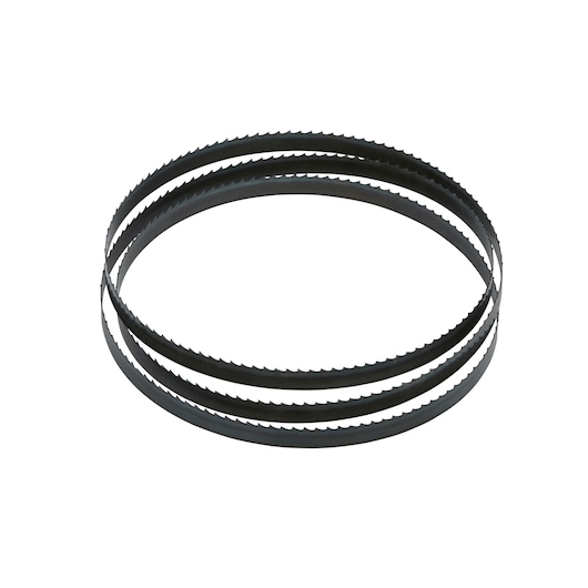 A DEWALT DT8474 band saw blade with sharp teeth, coiled in a circular shape, displayed against a white background.