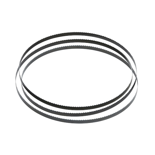 Set of three looped metal band saw blades with fine teeth, displayed on a white background.