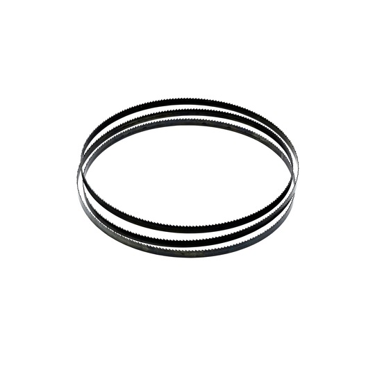 A coiled band saw blade with fine teeth, shown against a white background.