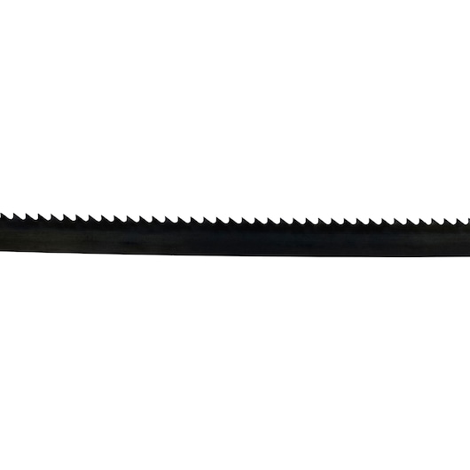 Close-up view of a DEWALT band saw blade with sharp serrated teeth, photographed against a white background.
