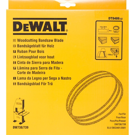 Packaging of DEWALT DT8486 woodcutting bandsaw blade, yellow with black text. Various translations for 'woodcutting bandsaw blade' appear on the front. Illustrations show the blade, dimensions, and compatible bandsaw machine. The bottom right lists product codes and compatibility.