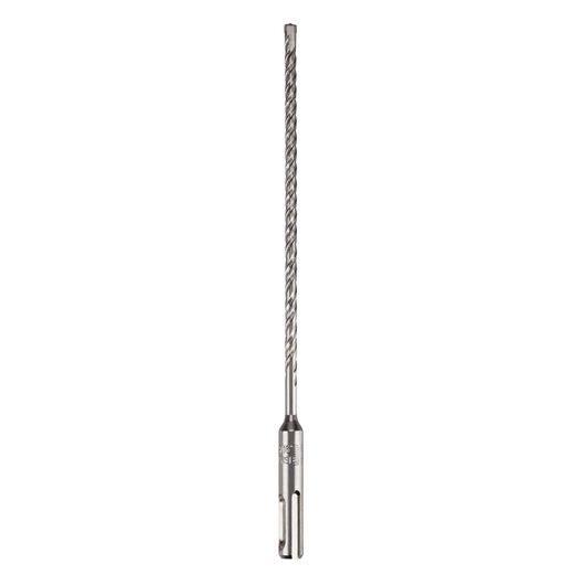 A long, metallic SDS drill bit with a spiral design, shown upright against a white background.