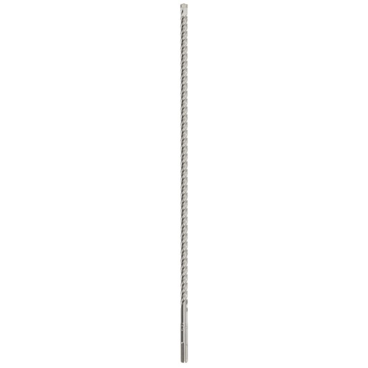 A long, silver DEWALT rotary hammer drill bit with spiral design, shown vertically on a white background.