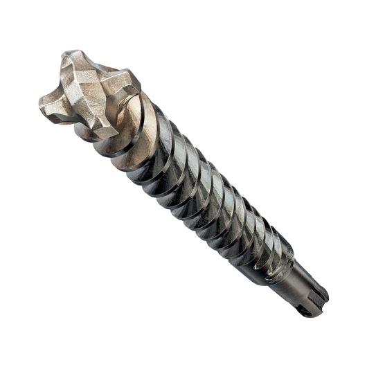 Close-up of a DEWALT spiral masonry drill bit with a multi-fluted tip against a white background.