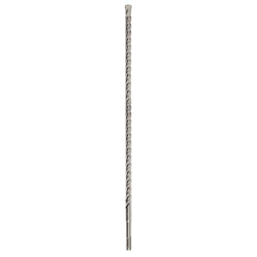 A long, metallic hammer drill bit with a spiral flute design, photographed on a white background.