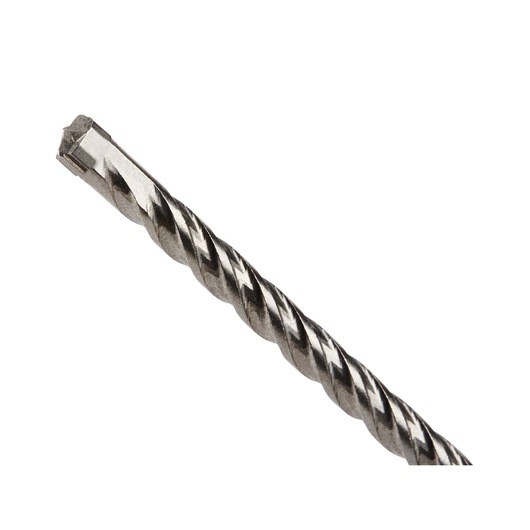 Close-up image of a metal drill bit with a spiral fluted design, used for drilling into hard materials such as concrete or masonry.