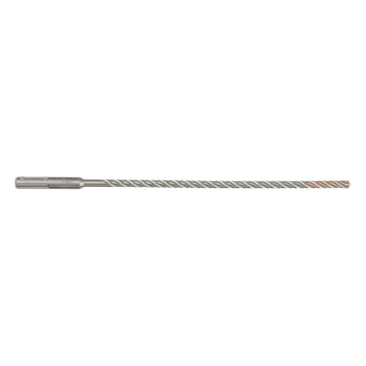 Long, metal SDS drill bit with spiral grooves for masonry drilling, shown against a white background.