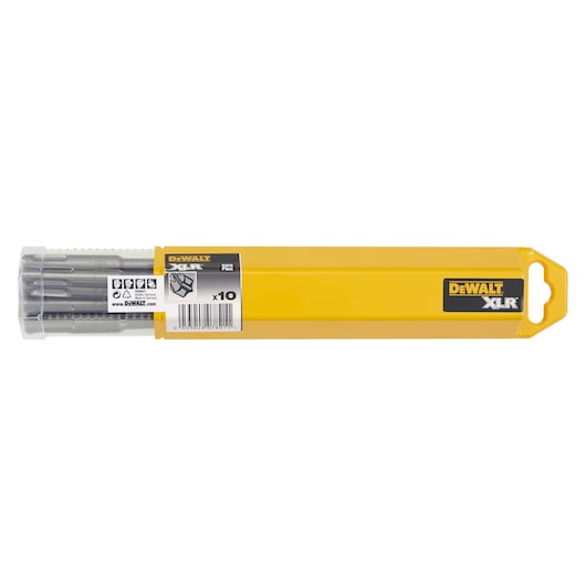DEWALT XLR drill bit set DT8968 in a yellow rectangular plastic case with a clear lid, contains 10 pieces.