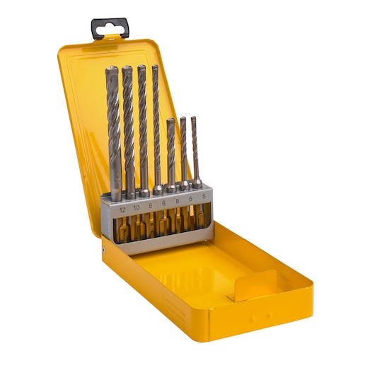 A yellow metal case containing a set of eight DEWALT drill bits of varying sizes, neatly organized in a metal holder. The case is open, displaying the drill bits upright.